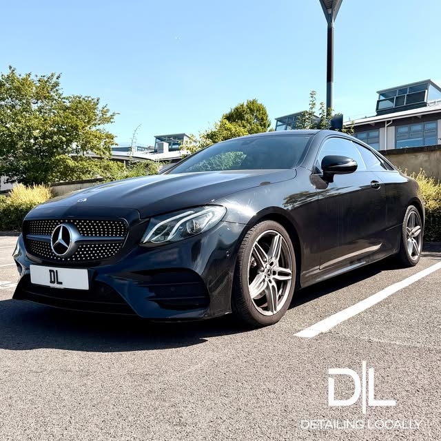 Black Mercedes E-Class Coupe after a detail